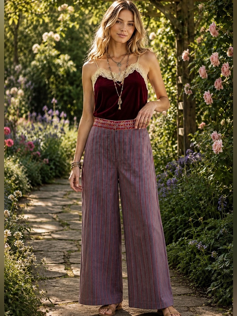 ❤️‍🔥Aratta Large High-Waist Wide Leg Pinstripe Palazzo Pants in  Gray/Red A-27